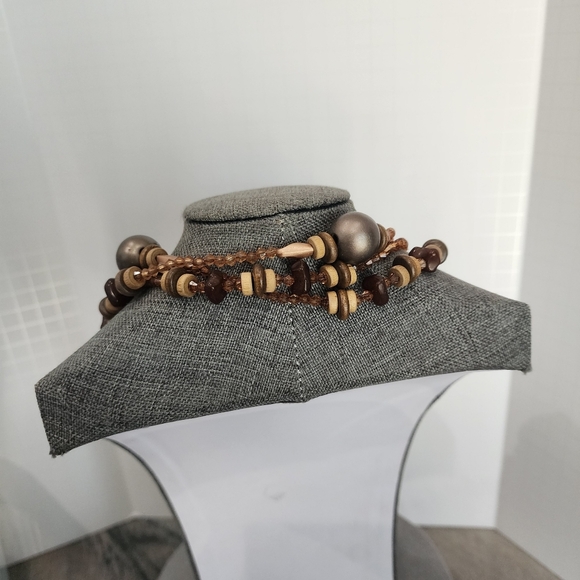 Layered Earth Tone Beaded Infinity Necklace – Wood & Bronze Accents - Picture 4 of 6
